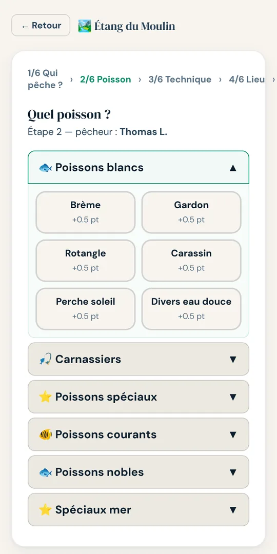 Saisie d'une prise : choix du poisson